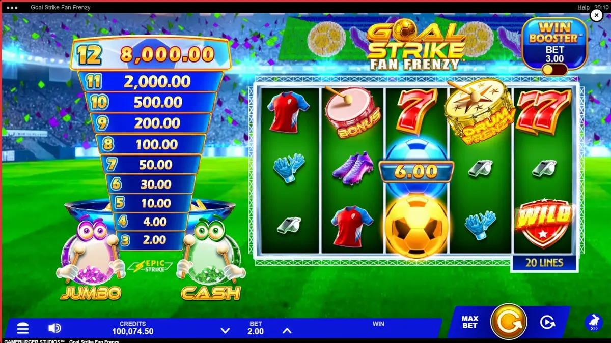 Goal Strike Fan Frenzy سلاٹ کا مرکزی منظر جس میں فٹ بال اور سٹیڈیم کا پس منظر دکھایا گیا ہے۔